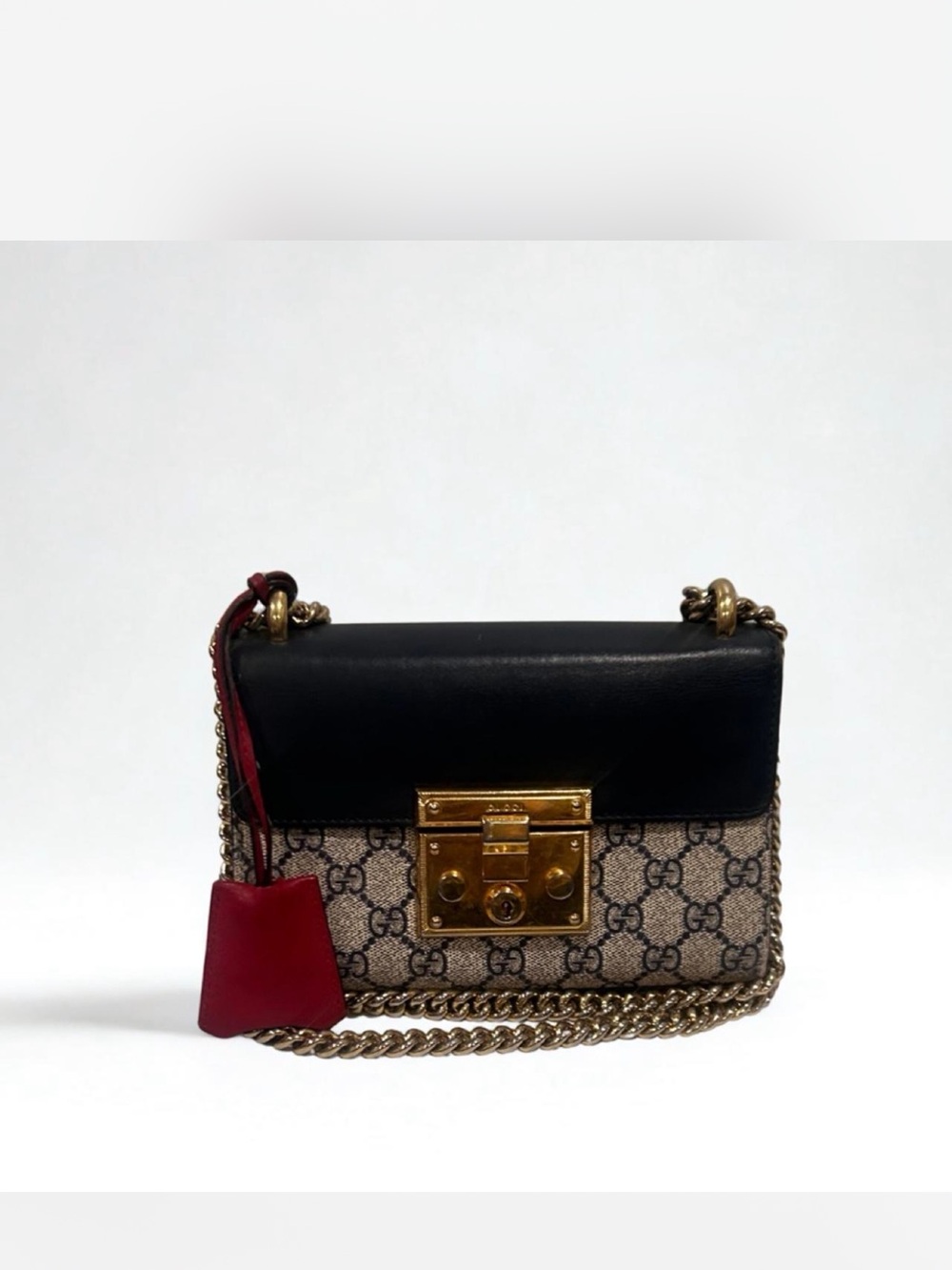 Gucci Black & Beige GG Supreme Leather Trim Shoulder Bag with Red Tag